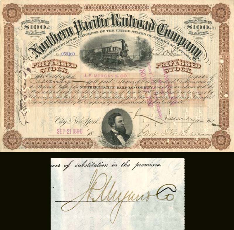 Northern Pacific Railroad Co. signed by John Pierpont Morgan Jr. - Autograph Stock Certificate